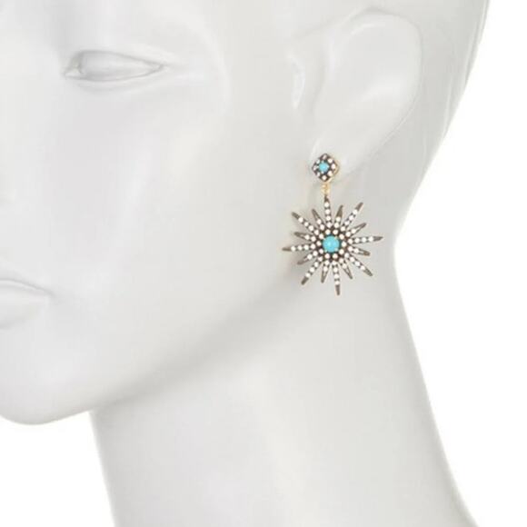 14k Yellow Gold Plated Turquoise Swarovski Crystal Starburst Dangle Earrings - Picture 3 of 8